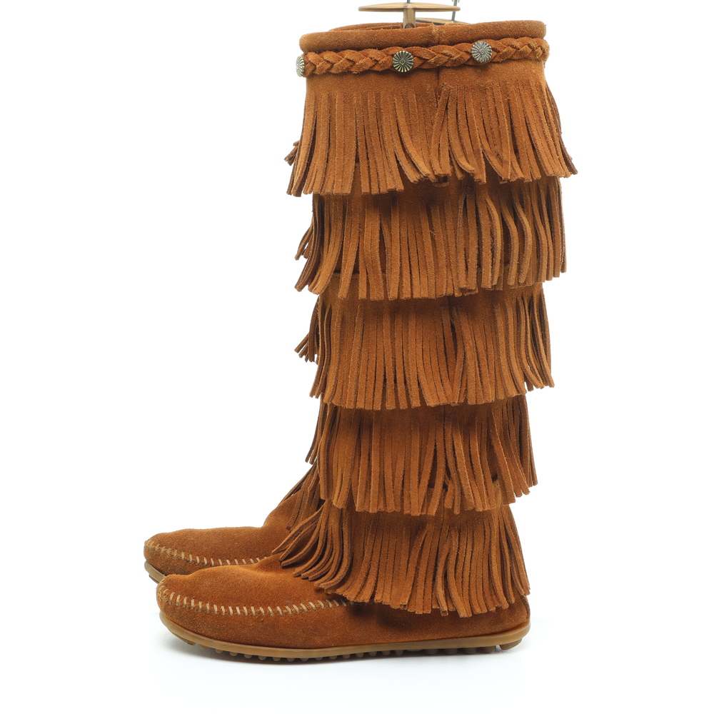 Minnetonka 5 Layer Fringe Suede Leather Moccasins Women 6 Brown - Picture 5 of 15